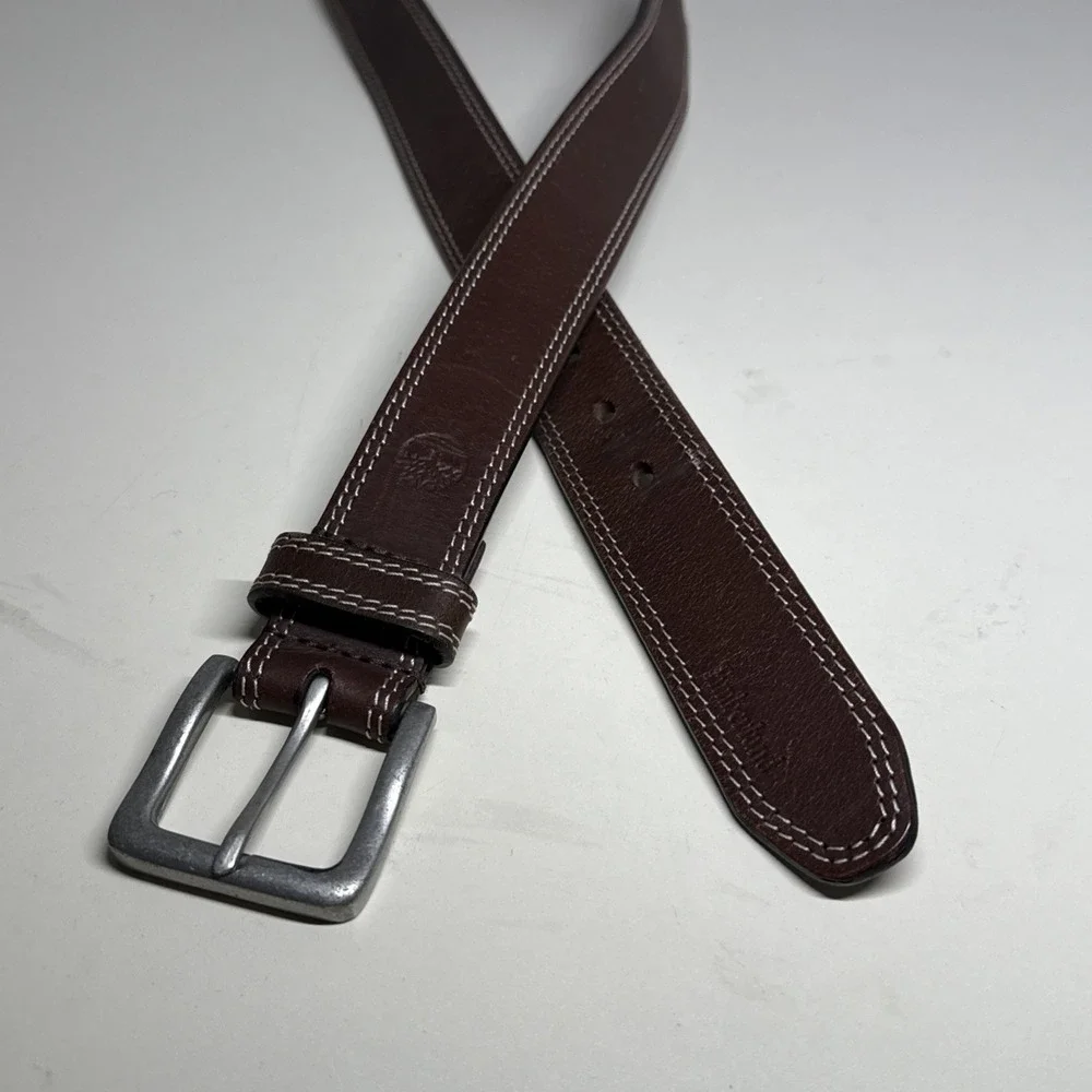 Men's Belt Size 32/82 Timberland Brown Leather Double Stitched Leather